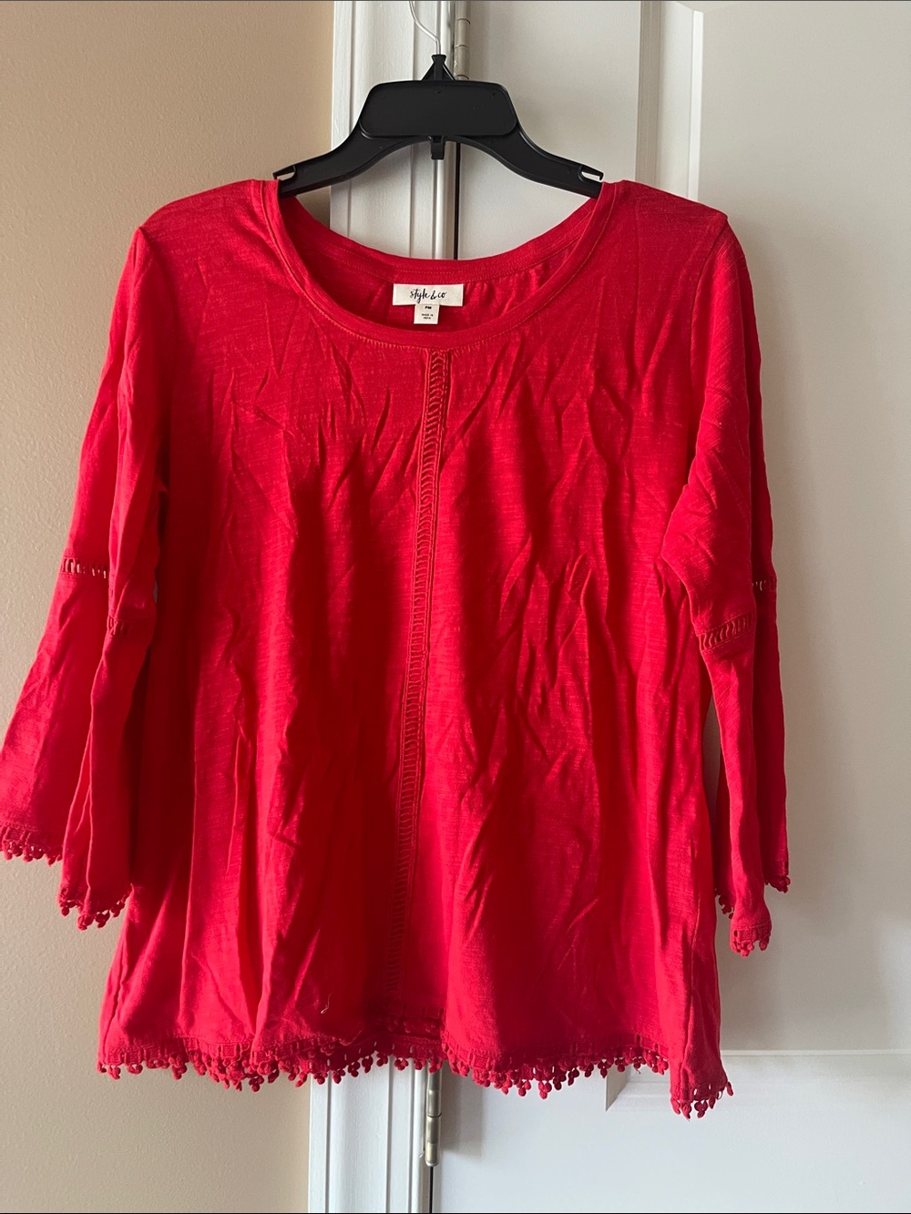 Style & Co. Bright Red Crochet-Hem Peasant Top